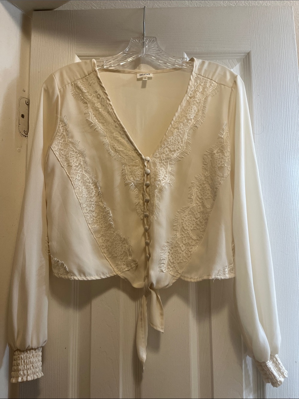 SELF E  Lace-Trim Long Sleeve Tie-Front Top
